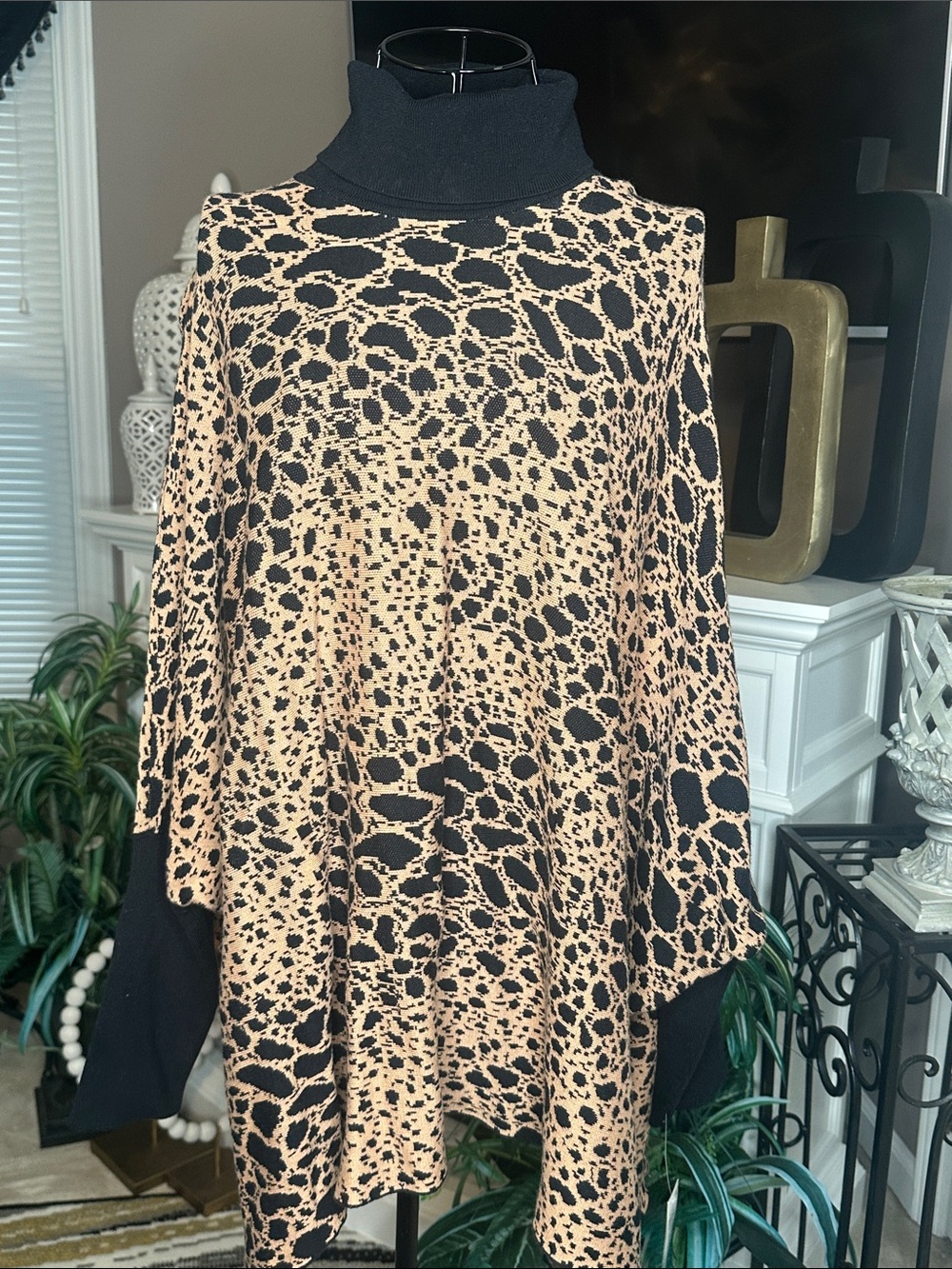 Alfani Black and Beige Animal-Print Turtleneck Poncho